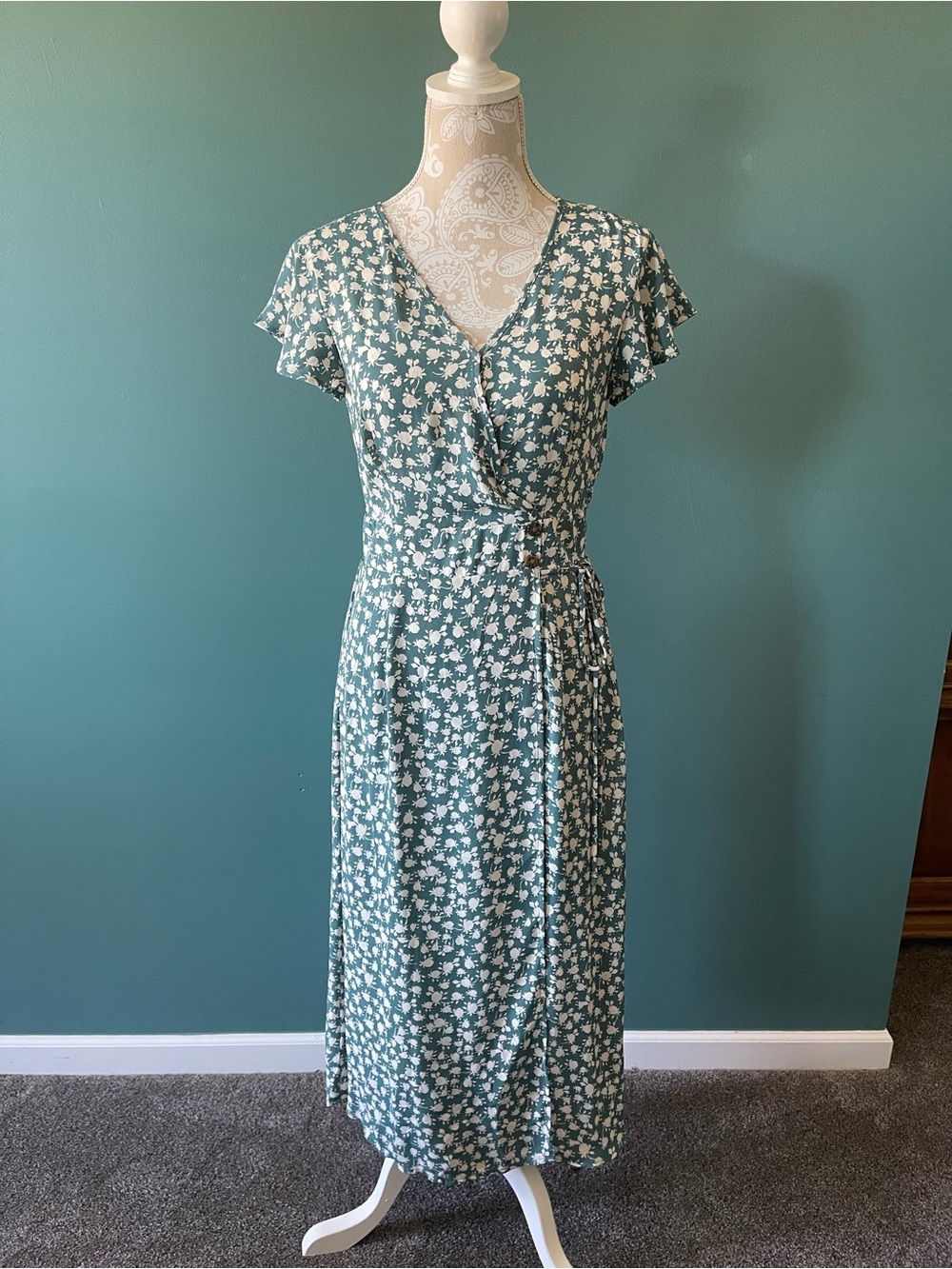 Sienna Sky Teal and White Floral Wrap Midi Dress with Slit and Button Accent